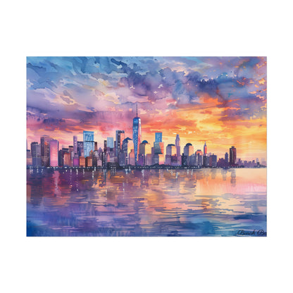 Serene NYC Sunset: Watercolor Skyline Reflections - Poster