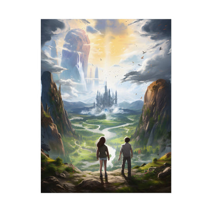 Girl and Boy in Serene Meadow: A Moment on Cloudy Hill - Poster