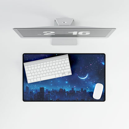 Dark Blue Dreams: A Starry Night Sky with Crescent Moon - Desk Mat