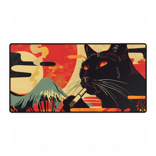 Whimsical Cat Smoking: Red & White Stripe Artwork - Desk Mat