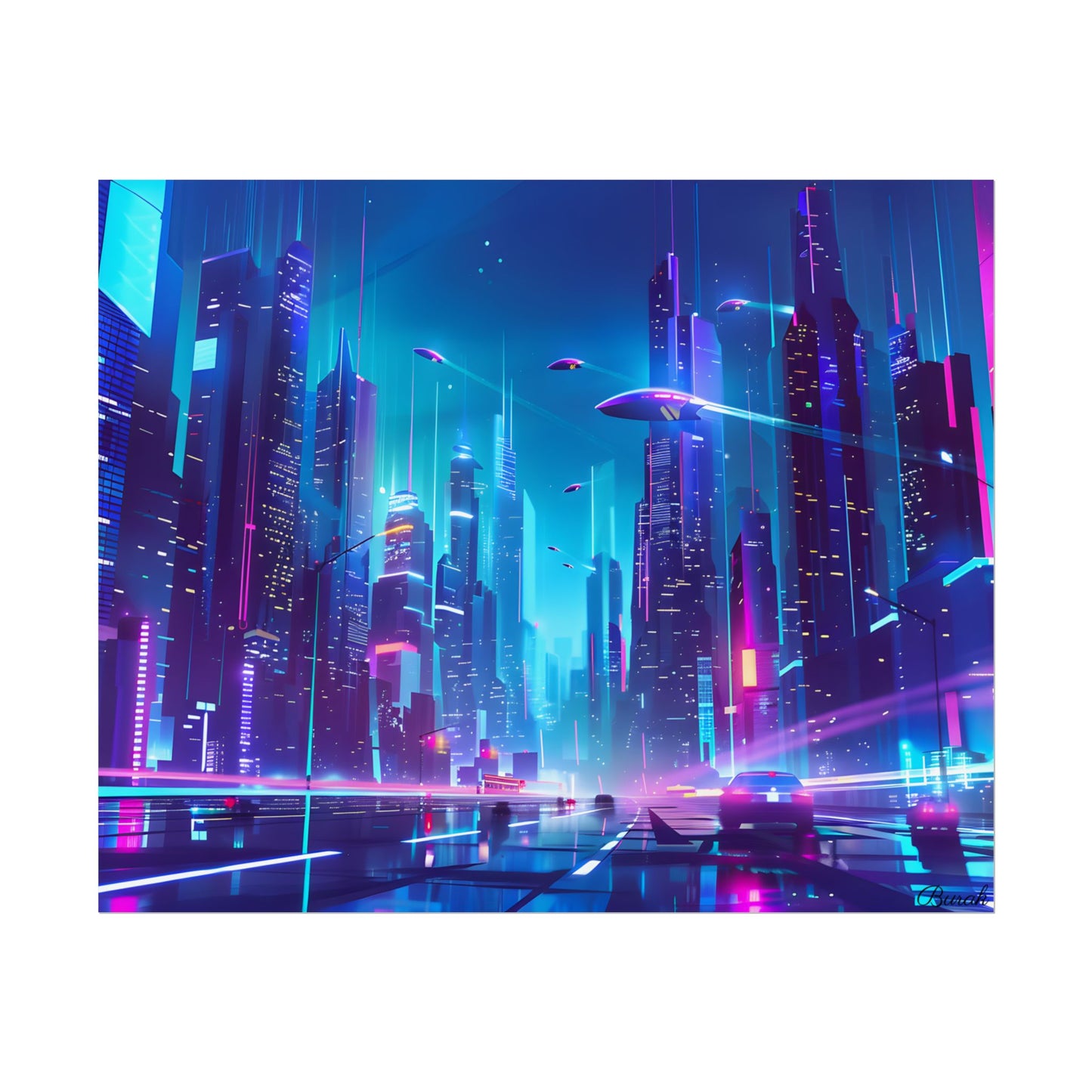Futuristic Neon City: Towering Skyscrapers in a Vibrant Nighttime Sky - Poster
