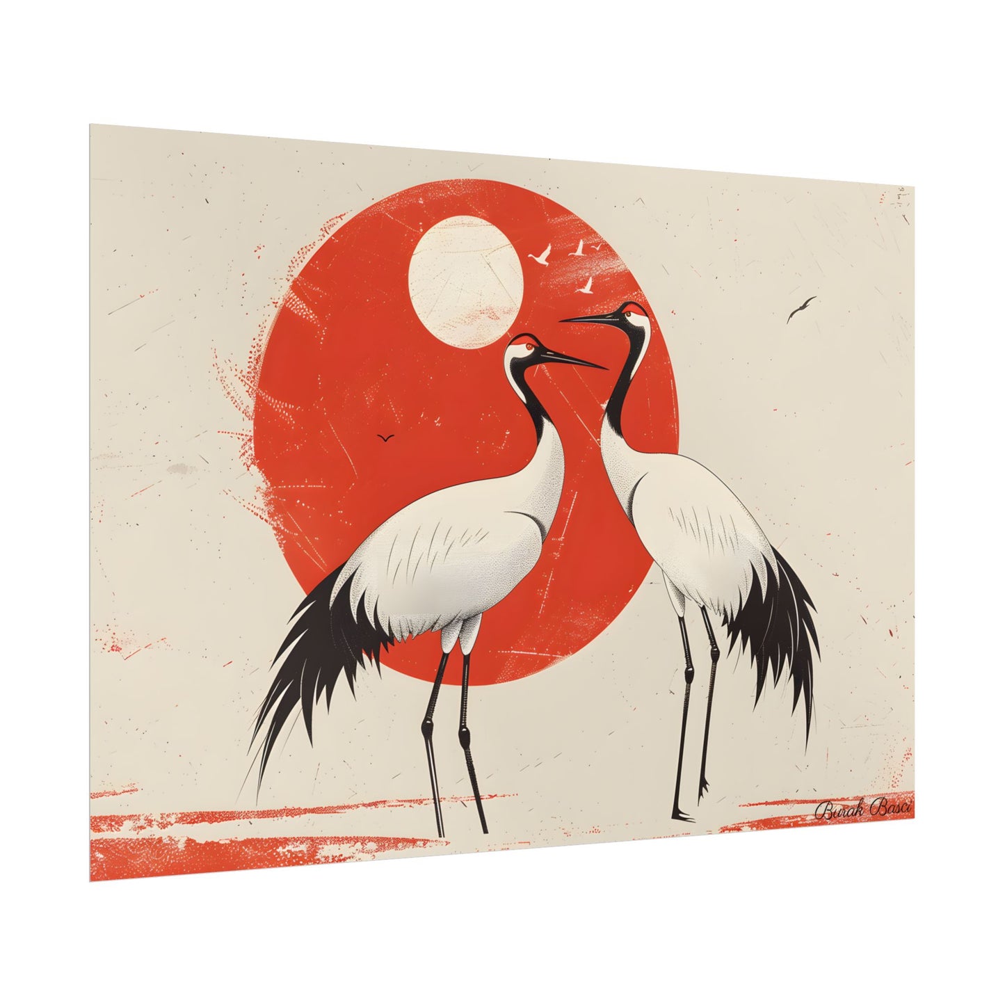 Serene Wildlife Sanctuary: Cranes in Red Nature Scene Art - Poster