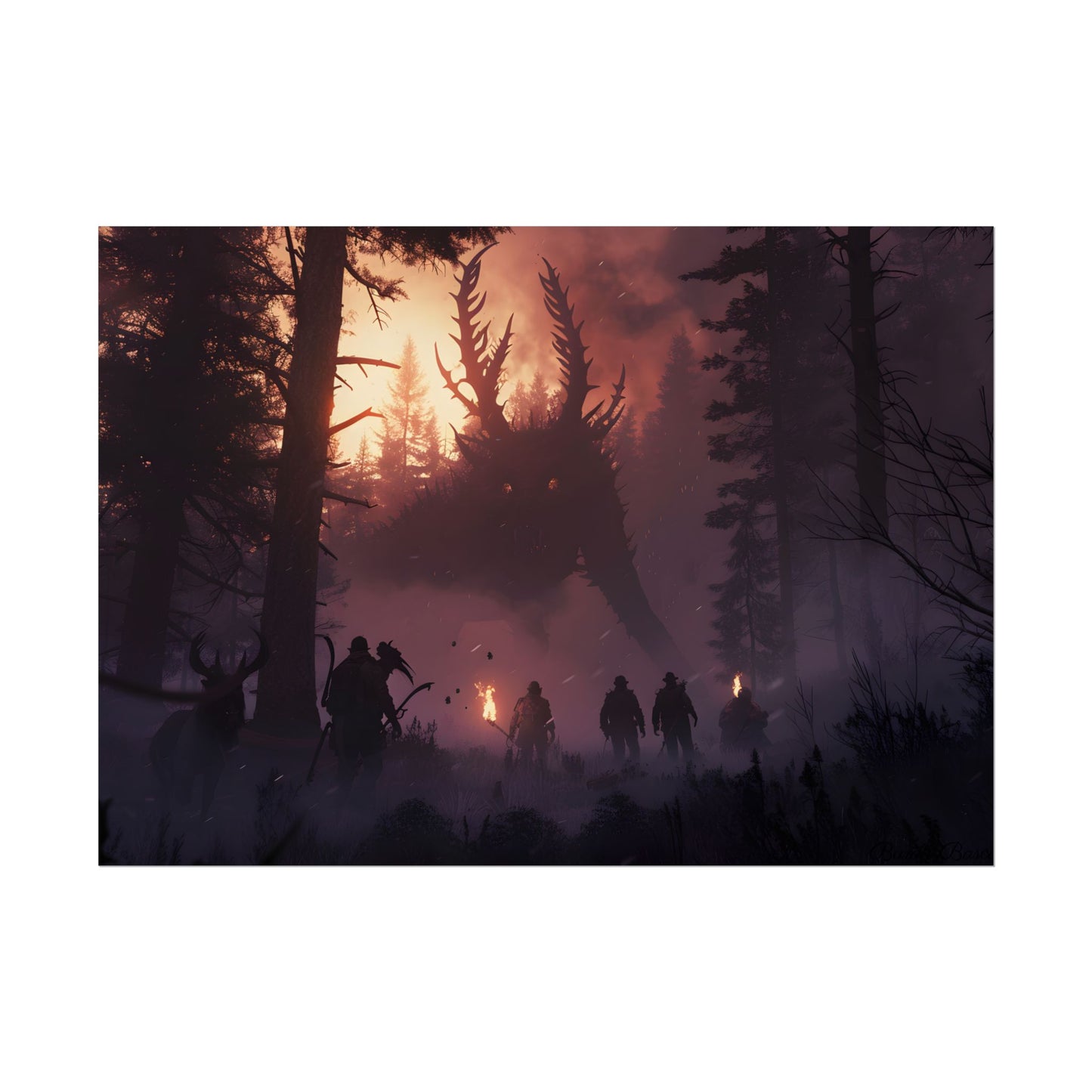 Serene Forest Sunset: Group Walking Through Misty Landscape - Poster