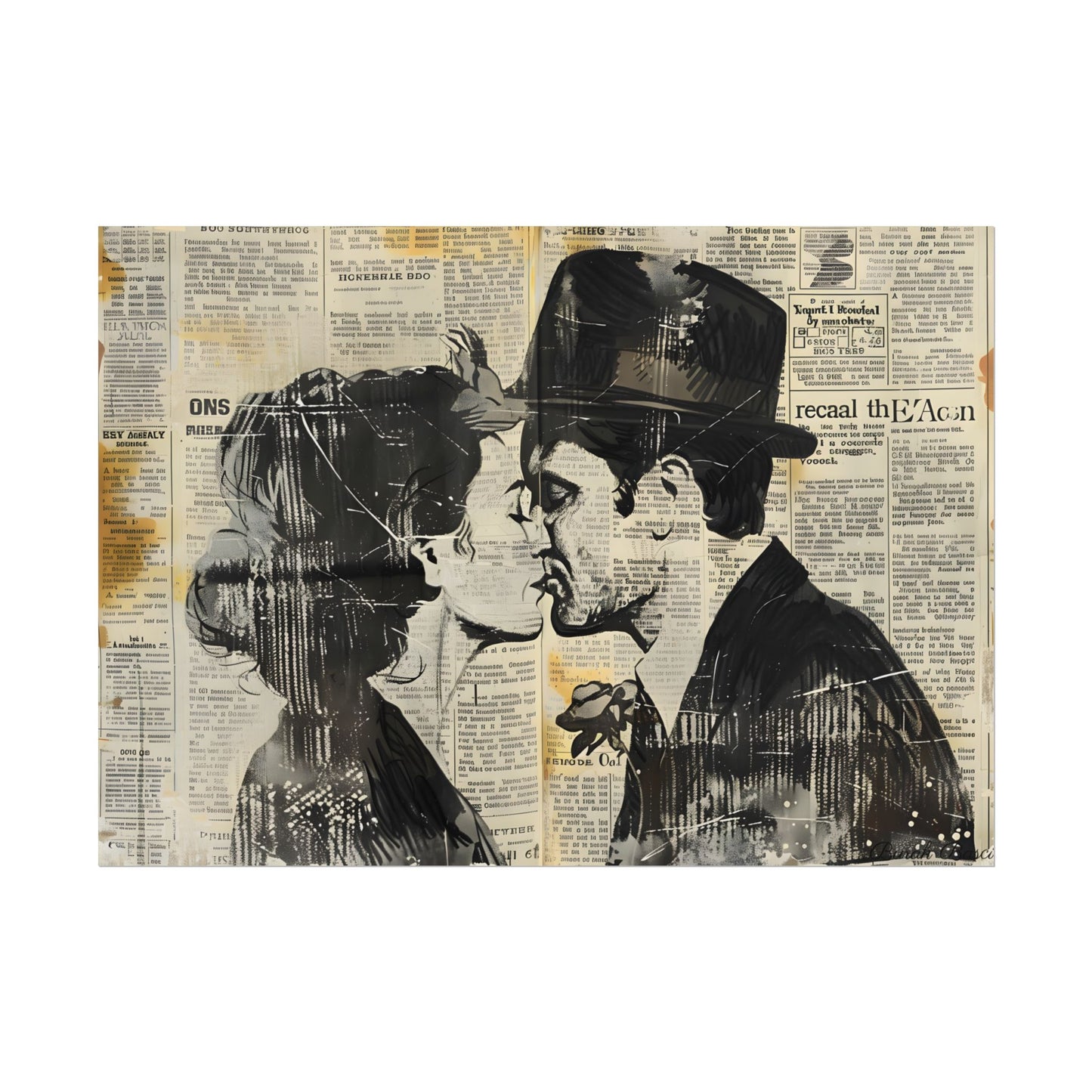 Vintage Romance Couples: Newsprint Artwork - Intimate Moments - Poster