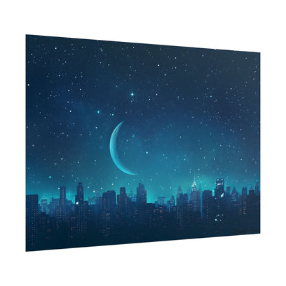 Starry Night Sky: Tranquil Dark Blue Scene with Crescent Moon - Poster
