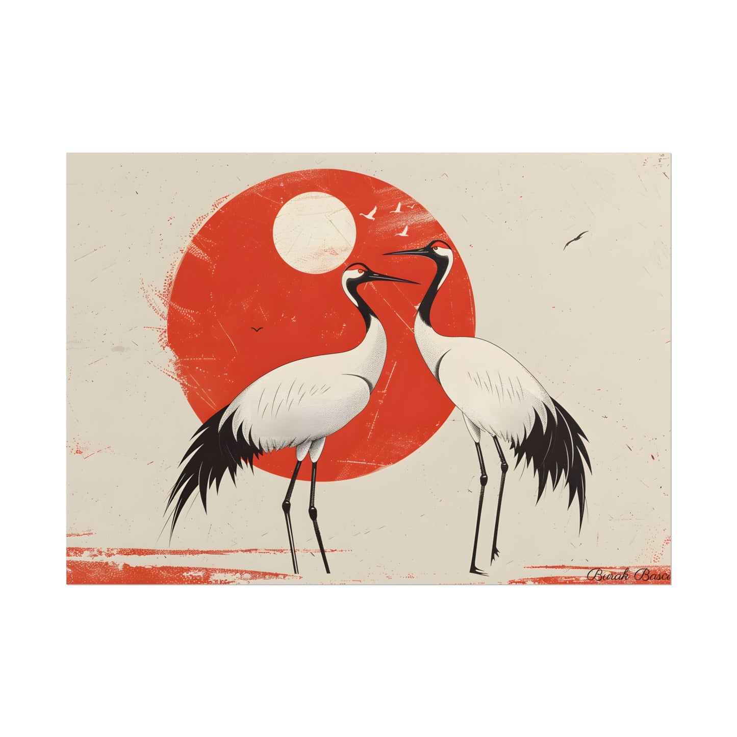 Serene Wildlife Sanctuary: Cranes in Red Nature Scene Art - Poster