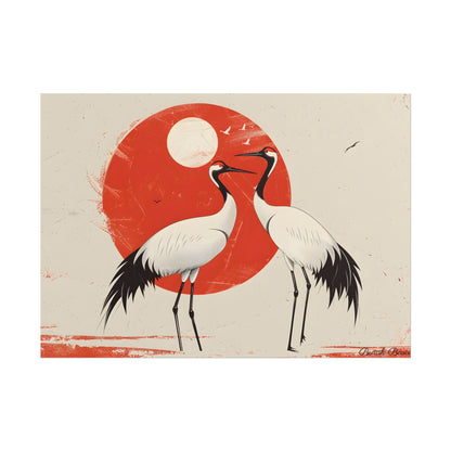 Serene Wildlife Sanctuary: Cranes in Red Nature Scene Art - Poster