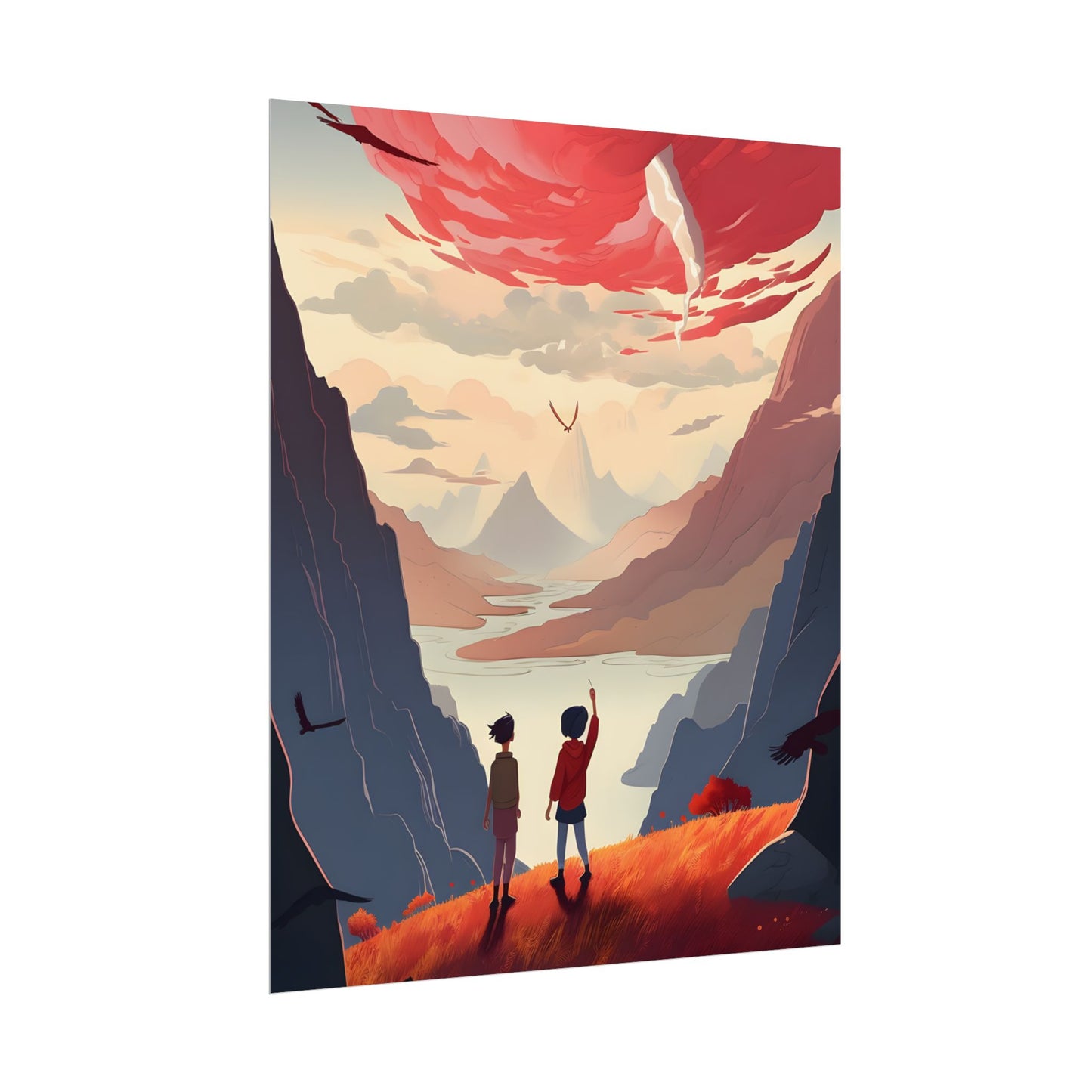 Serene Meadow Scene: Girl & Boy Under Cloudy Sky - Poster