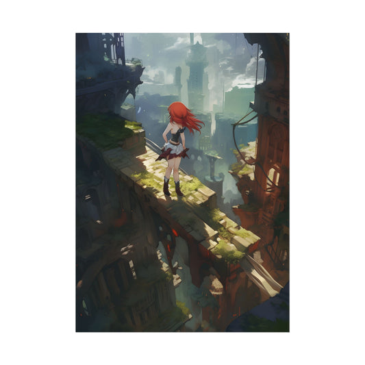 Dramatic Birds Eye View: Anime Red Haired Art in Flight - Poster