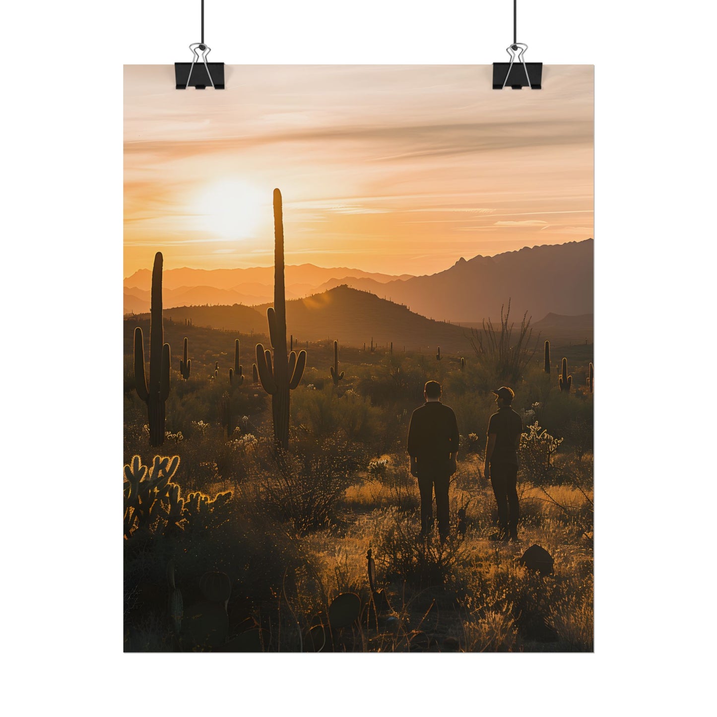 Desert Sunset Serenity: Two Friends Standing Together - Poster