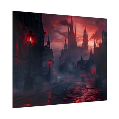 Gothic City Dusk: Pointed Arches and Misty Atmosphere - Poster