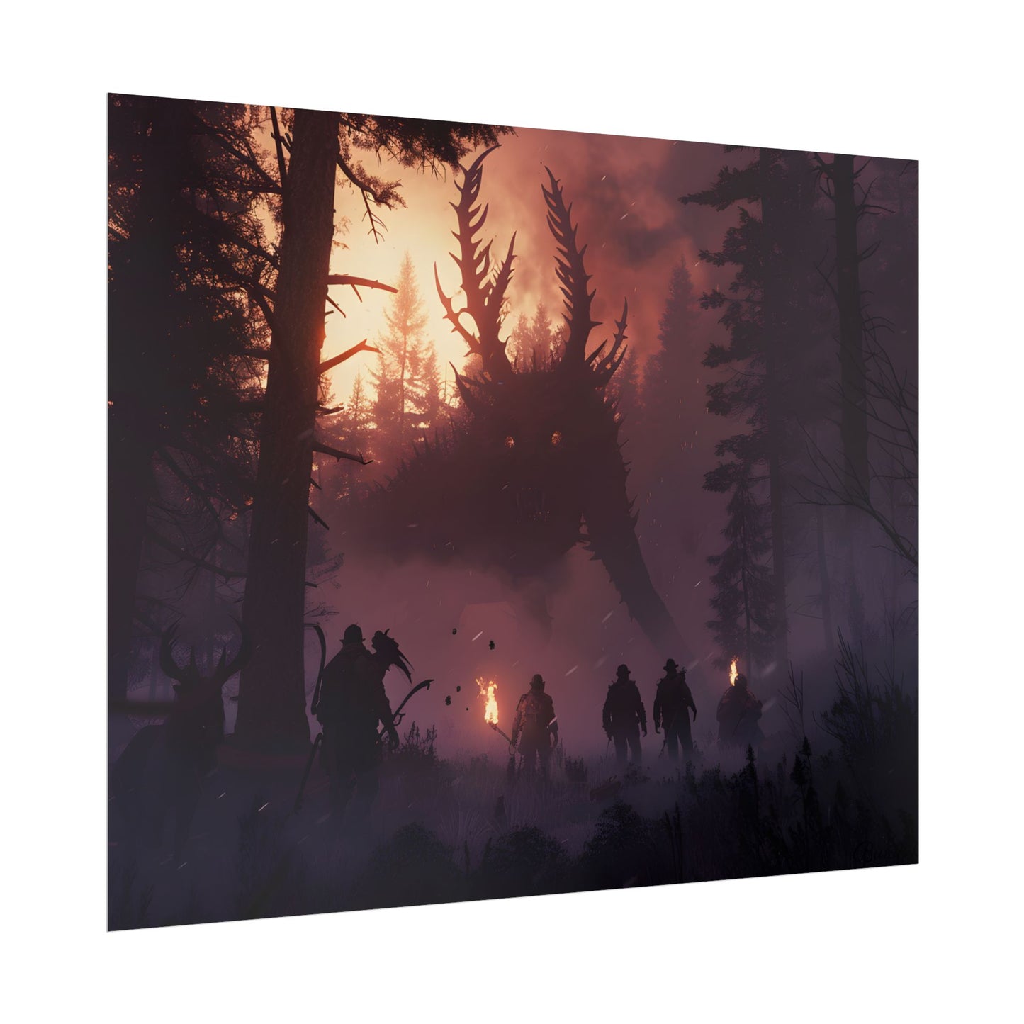 Serene Forest Sunset: Group Walking Through Misty Landscape - Poster