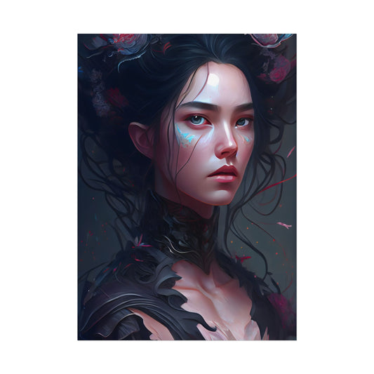 Stunning Black Haired Female Portrait in Elegant Dress - Poster