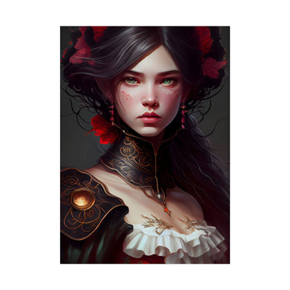 Elegant Black Hair Portrait in White Dress - Poster