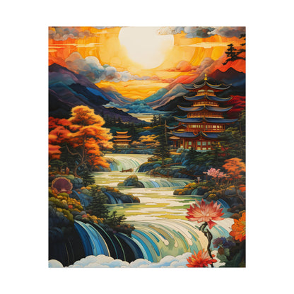 Peaceful Japanese River Landscape with Flowers: Serene Artwork - Poster