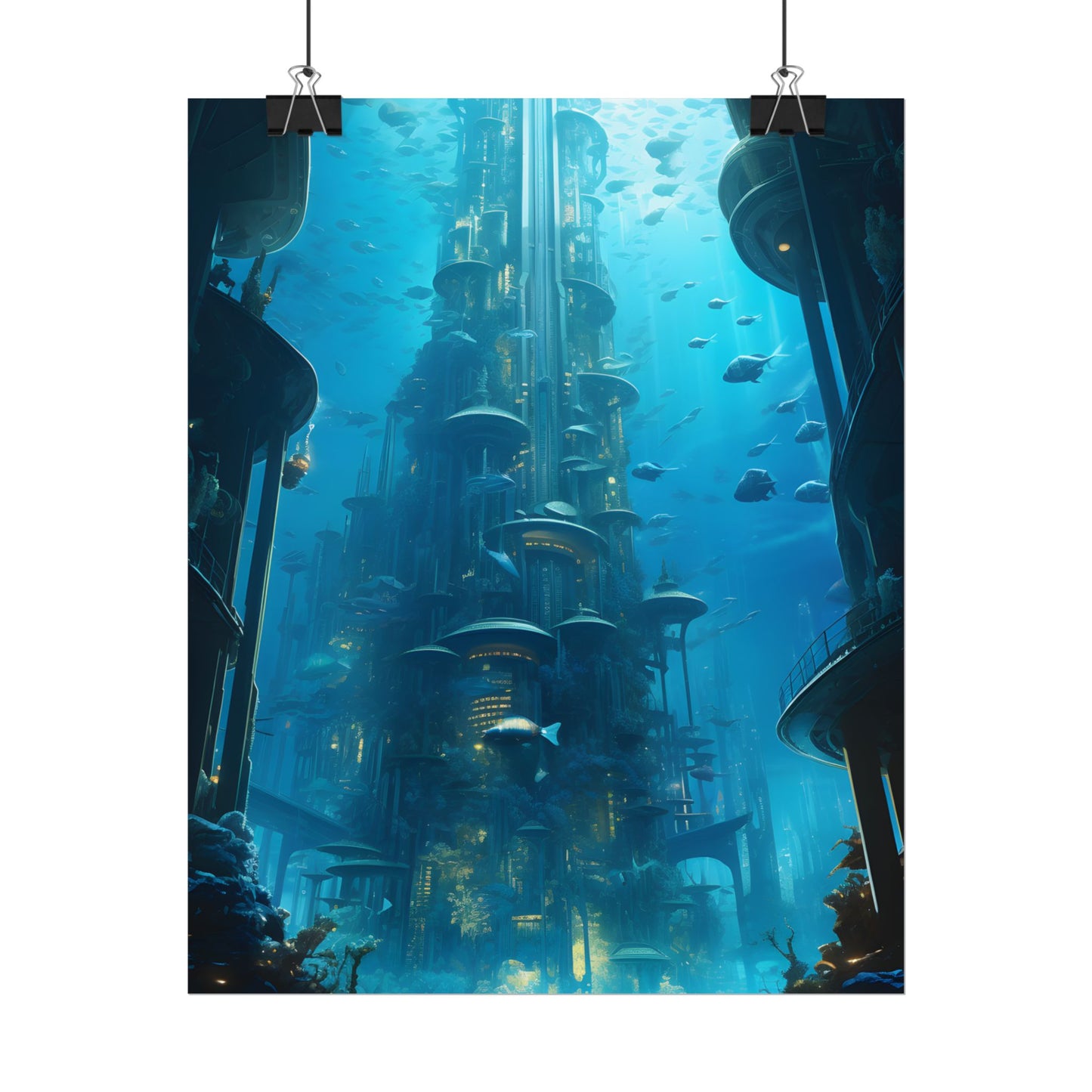 Future Metropolis: Underwater Cityscape Digital Art - Poster
