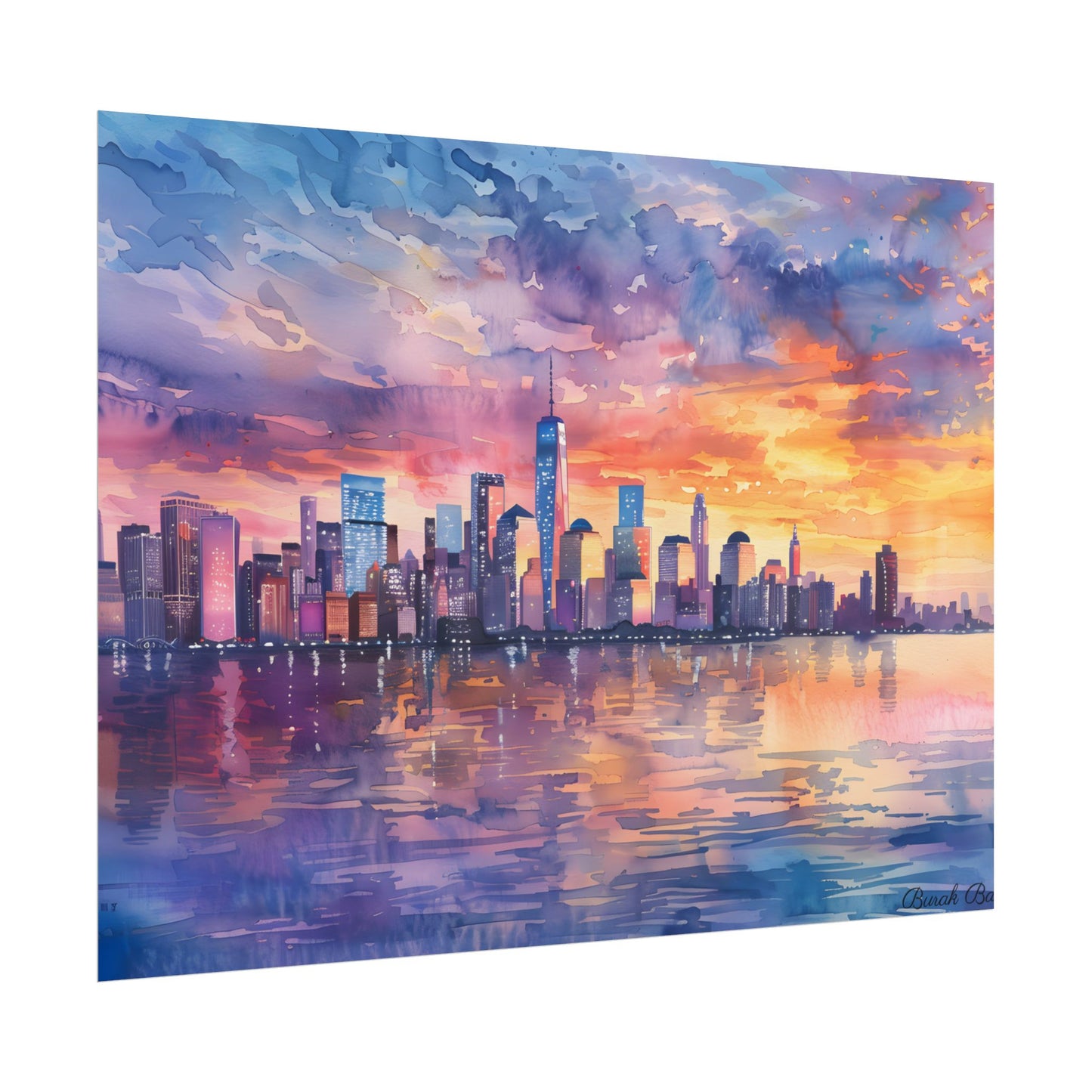 Serene NYC Sunset: Watercolor Skyline Reflections - Poster