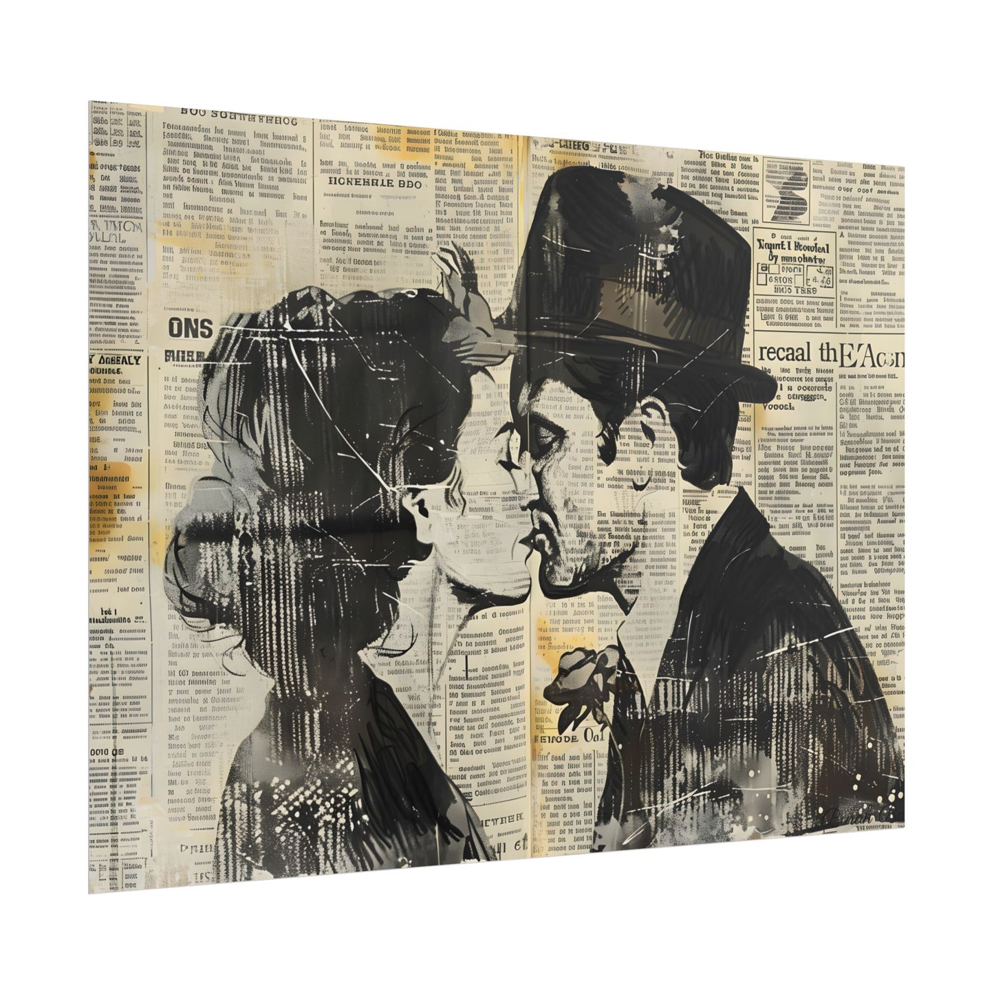 Vintage Romance Couples: Newsprint Artwork - Intimate Moments - Poster