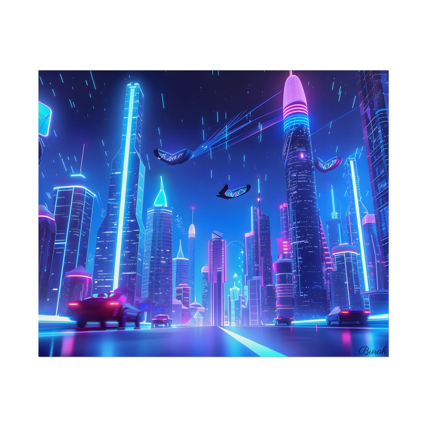 Vibrant Futuristic Cityscape: Neon Lights at Night Digital Artwork - Poster