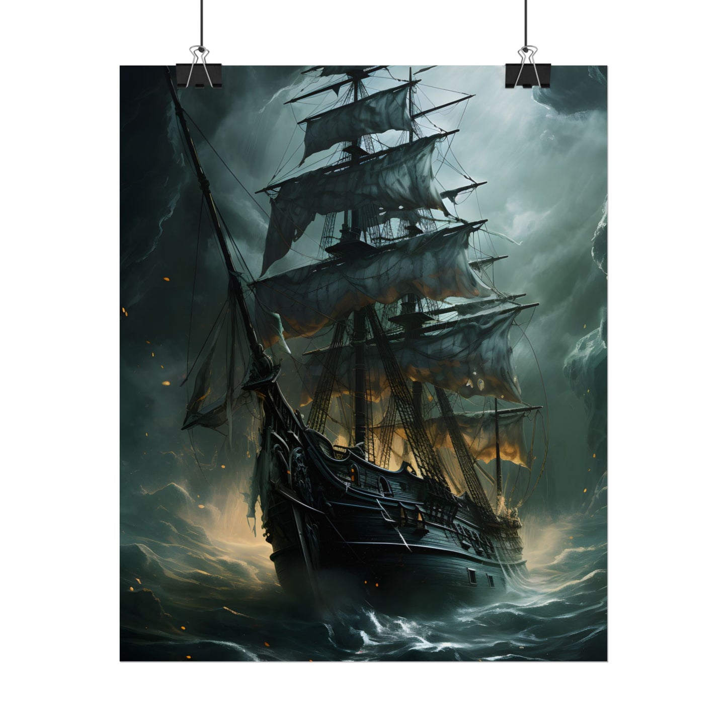 Ghostly Pirate Ship: Sailing Solo in Eerie Blue Skies - Poster