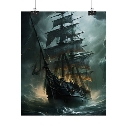 Ghostly Pirate Ship: Sailing Solo in Eerie Blue Skies - Poster