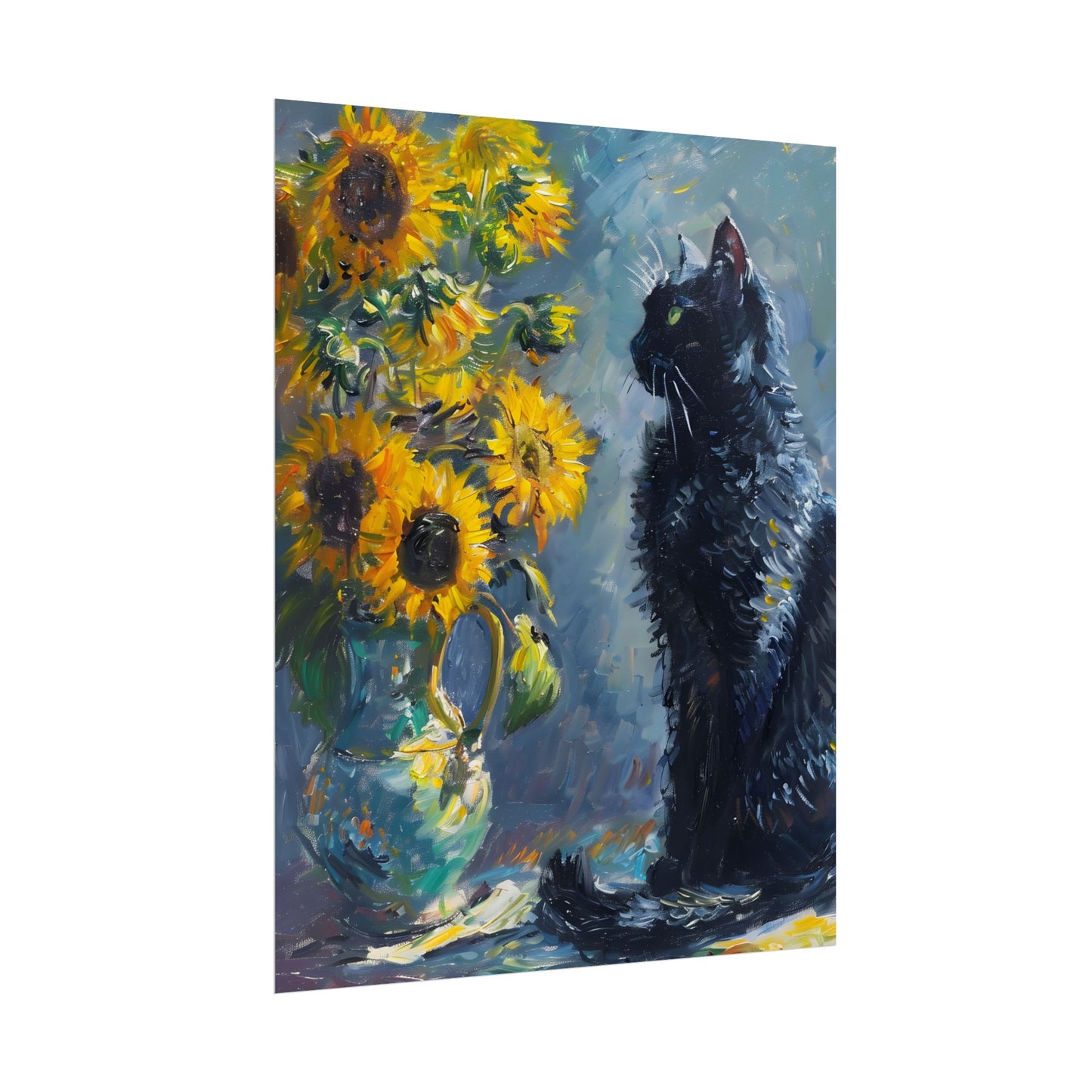 Whimsical Black Cat by Sunflowers: Serene Garden Art - Poster