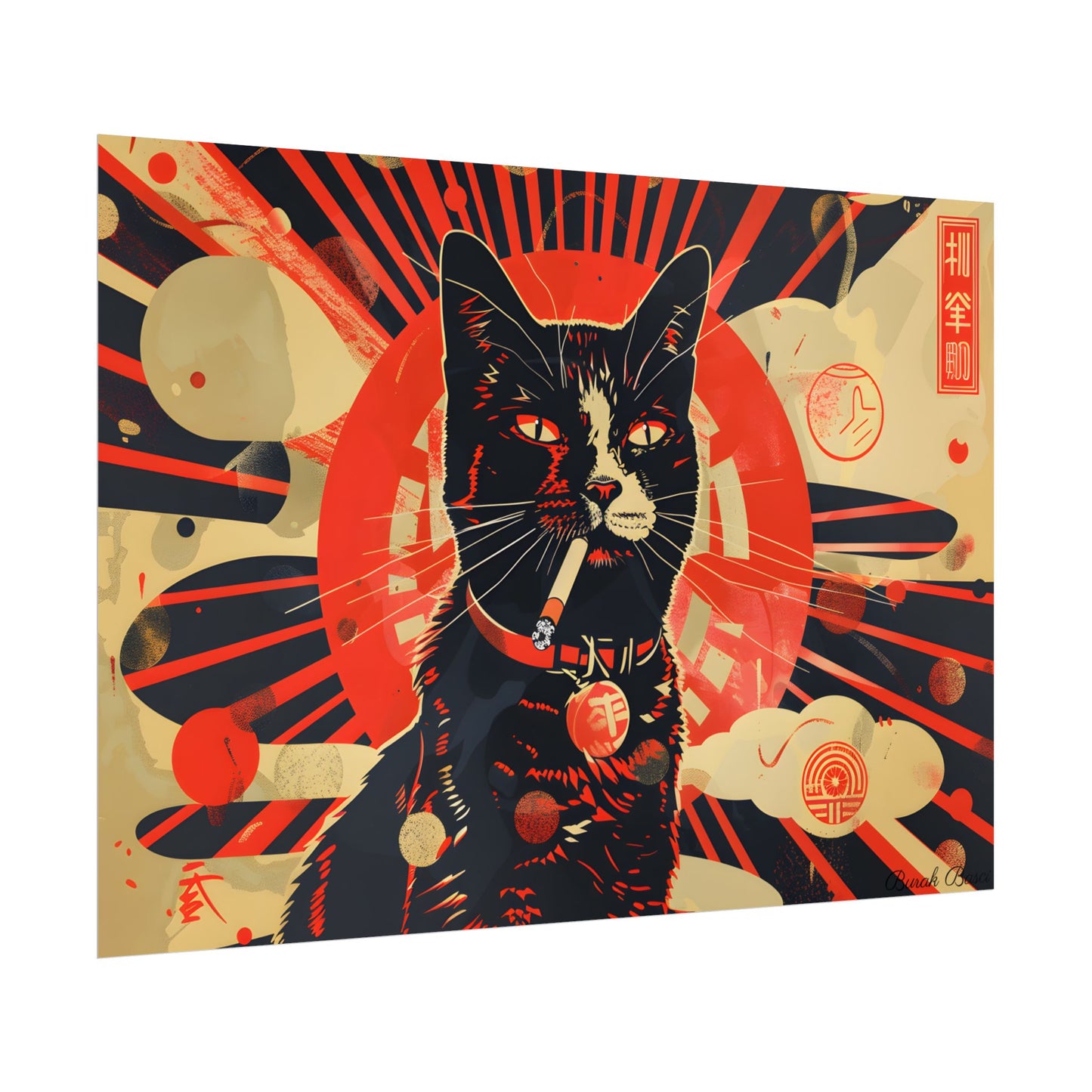 Vintage Whimsy: Cat Smokes Cigarette on Blue Background - Poster