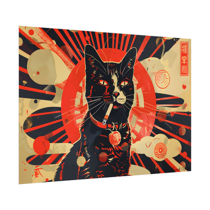 Vintage Whimsy: Cat Smokes Cigarette on Blue Background - Poster