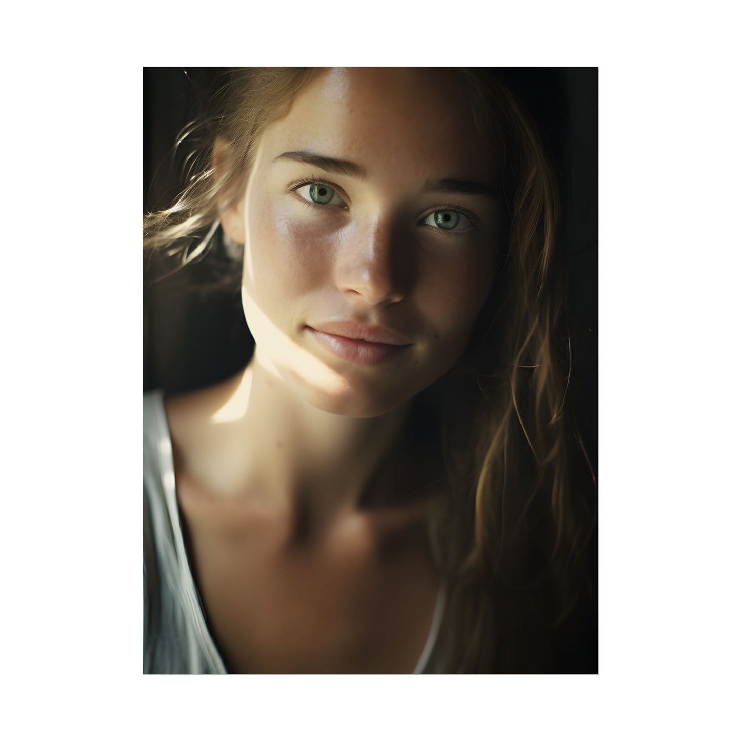 Grinning Woman: Close-Up Portrait with Joyful Expression - Poster