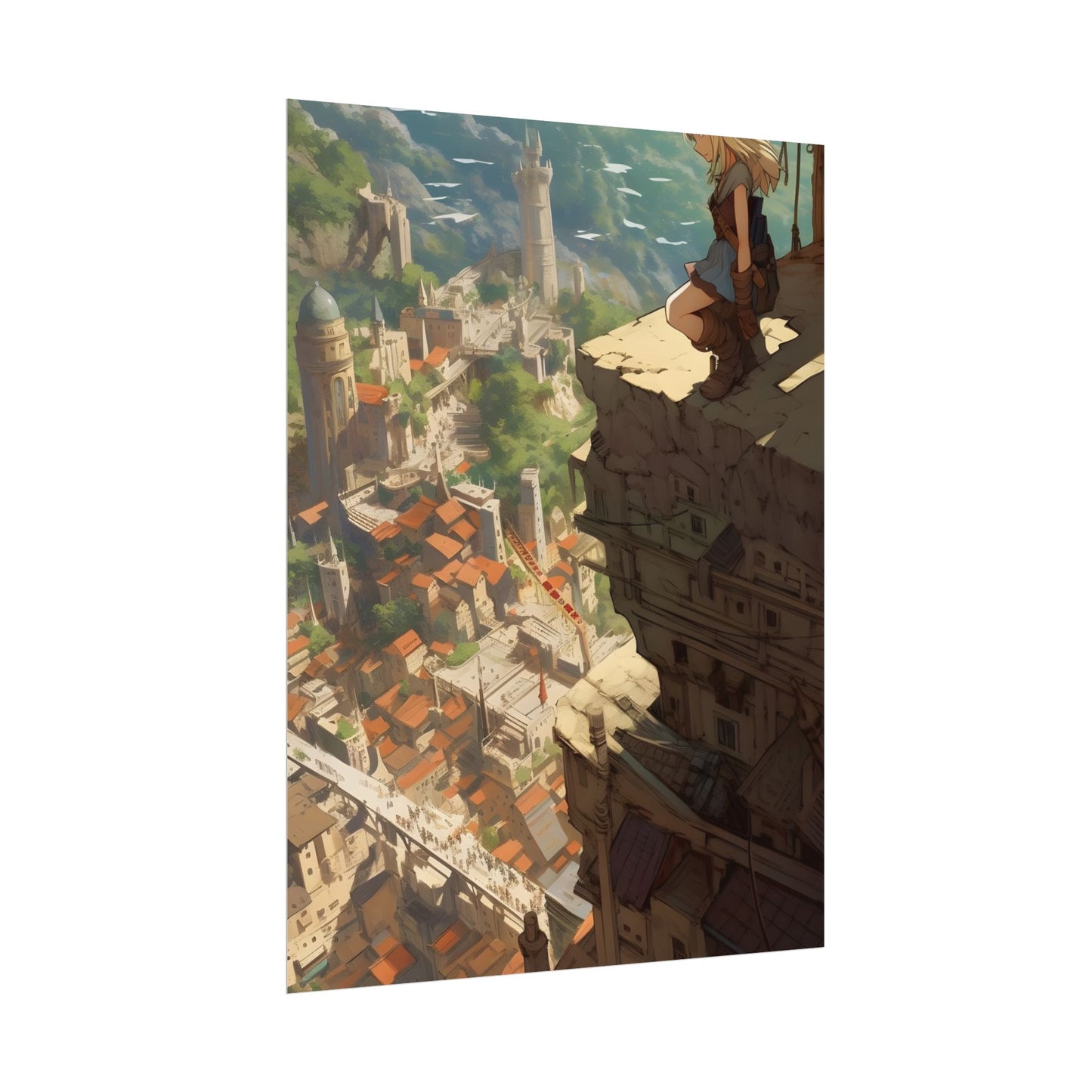 Dramatic Anime Bird's Eye View: Blonde Female in Action with Flying Birds - Poster