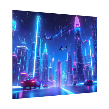 Vibrant Futuristic Cityscape: Neon Lights at Night Digital Artwork - Poster