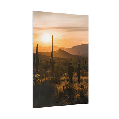 Desert Sunset Serenity: Two Friends Standing Together - Poster