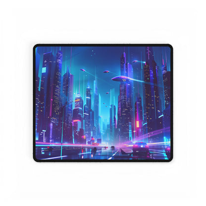 Futuristic Neon City: Towering Skyscrapers in a Vibrant Nighttime Sky - Desk Mat