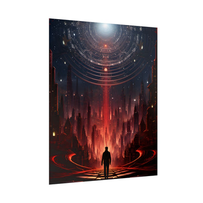 Futuristic Cityscape: Neon Sky Meets Nature's Harmony - Poster