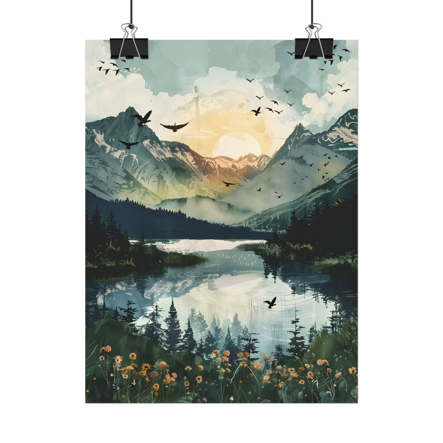 Serene Mountain Lake: Birds in Flight - Natural Art - Poster