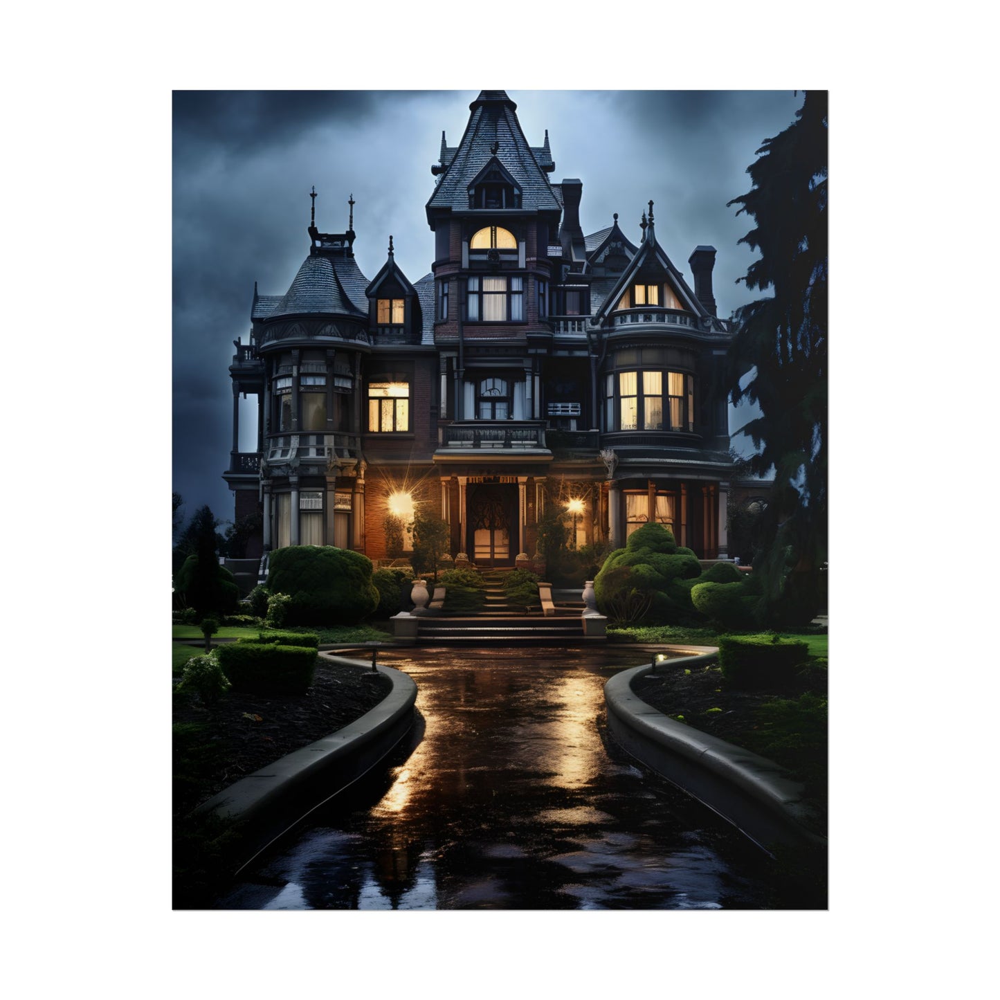Haunted Victorian Mansion: Spooky Stormy Night Art - Poster