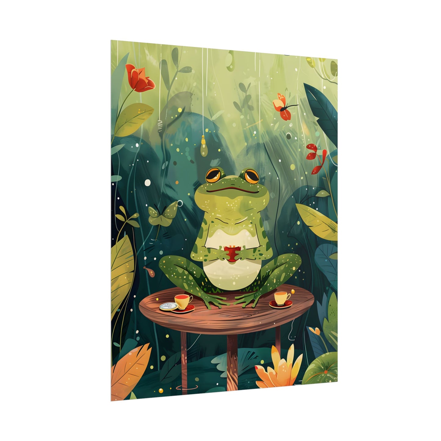 Whimsical Frog on Water: Playful Lily Pad Illustration - Poster