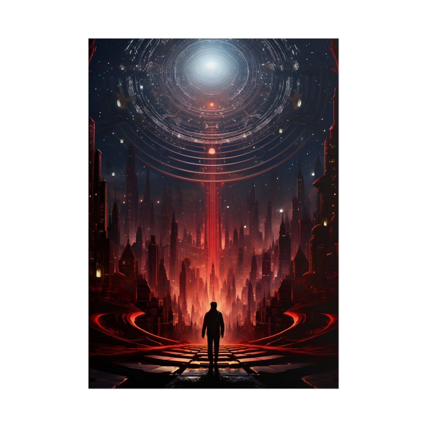 Futuristic Cityscape: Neon Sky Meets Nature's Harmony - Poster