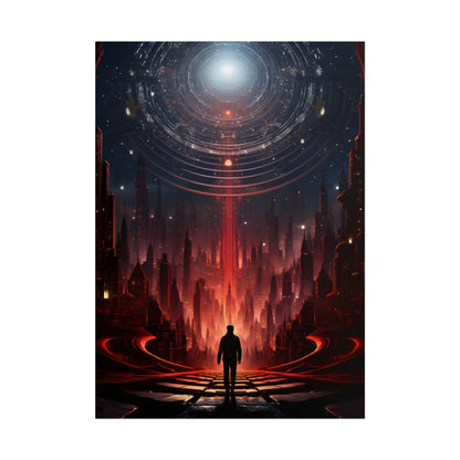 Futuristic Cityscape: Neon Sky Meets Nature's Harmony - Poster