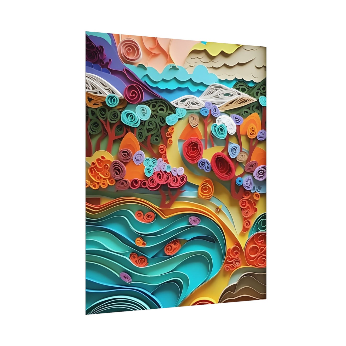 Paper Quilled Beach Bliss: Artistic Coastal Landscape - Poster