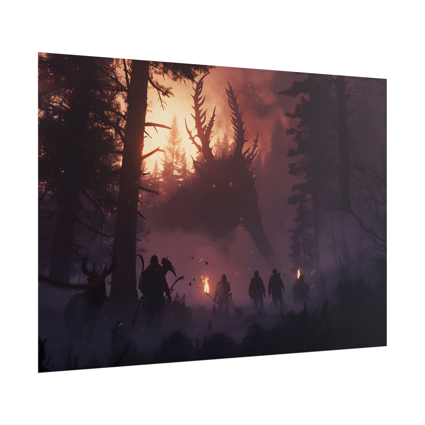 Serene Forest Sunset: Group Walking Through Misty Landscape - Poster