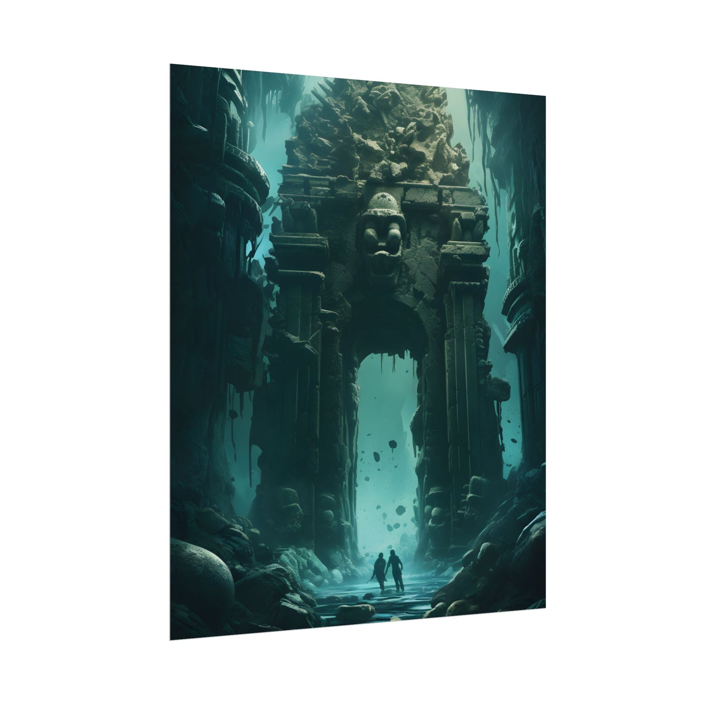 Lost Underwater Ancient City: Mysterious Blue Hues Art - Poster