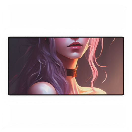 Pink Hair Portrait: Female in Black Outfit with Purple Background - Desk Mat