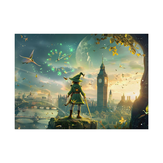 Whimsical Boy: Green Tunic Outdoor Art - Poster