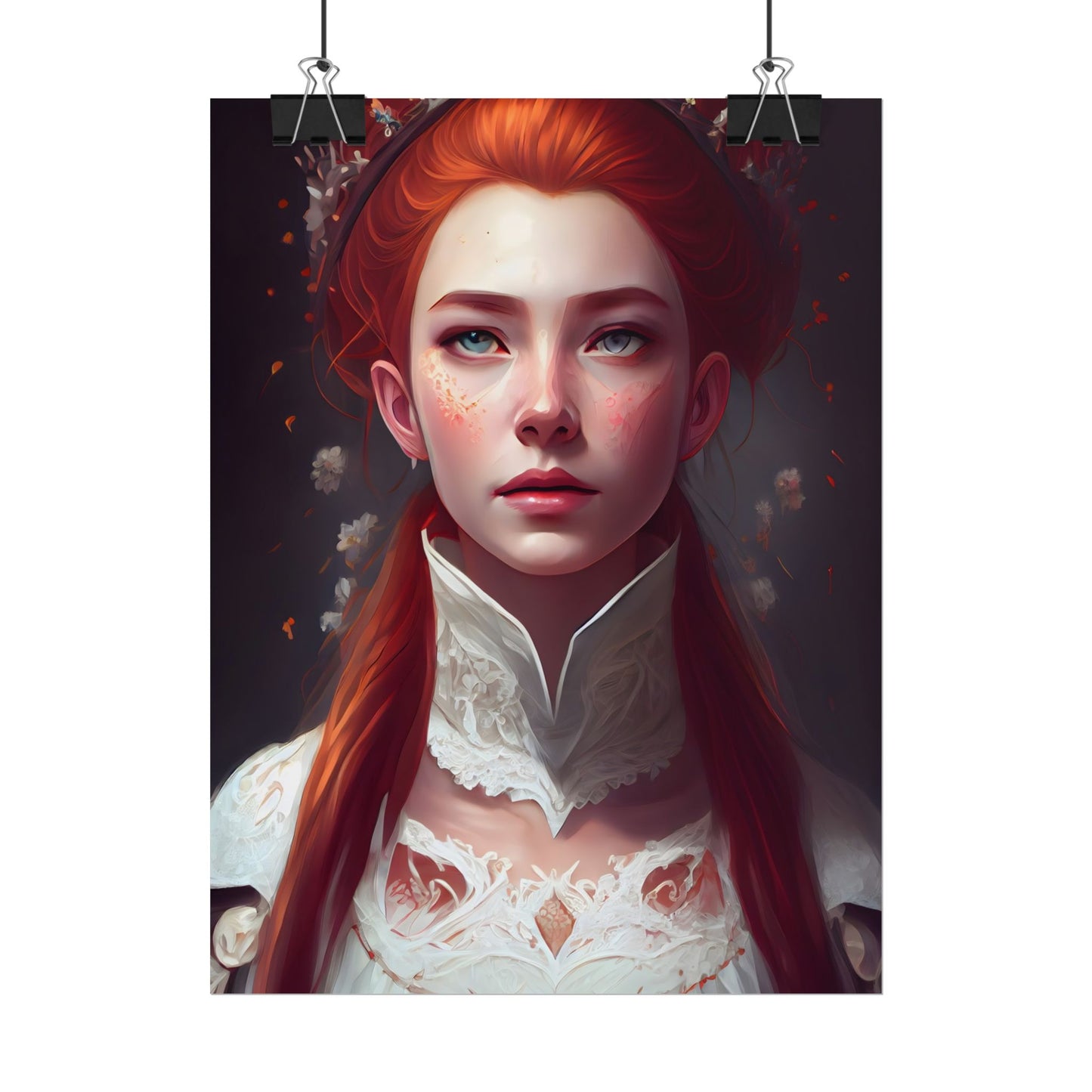 Soft Glow Redhead Portrait: Elegant Female Artwork in Dress - Poster