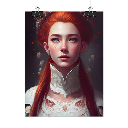 Soft Glow Redhead Portrait: Elegant Female Artwork in Dress - Poster