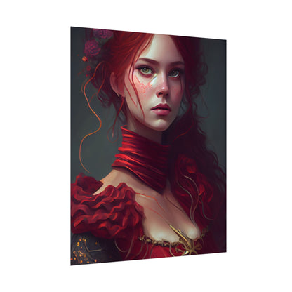 Vibrant Redhead Portrait: Female Artwork in Red Dress - Poster