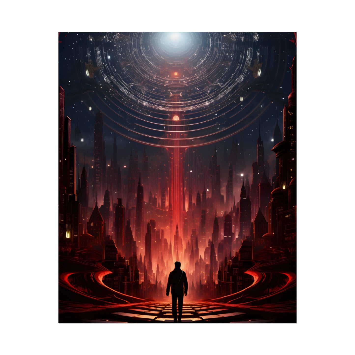 Futuristic Cityscape: Neon Sky Meets Nature's Harmony - Poster