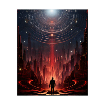 Futuristic Cityscape: Neon Sky Meets Nature's Harmony - Poster