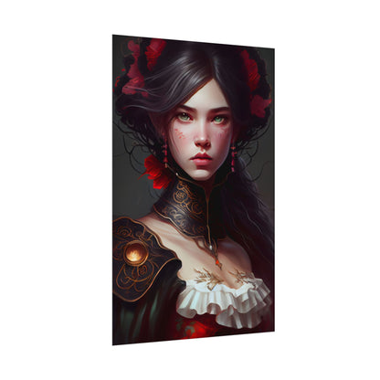 Elegant Black Hair Portrait in White Dress - Poster